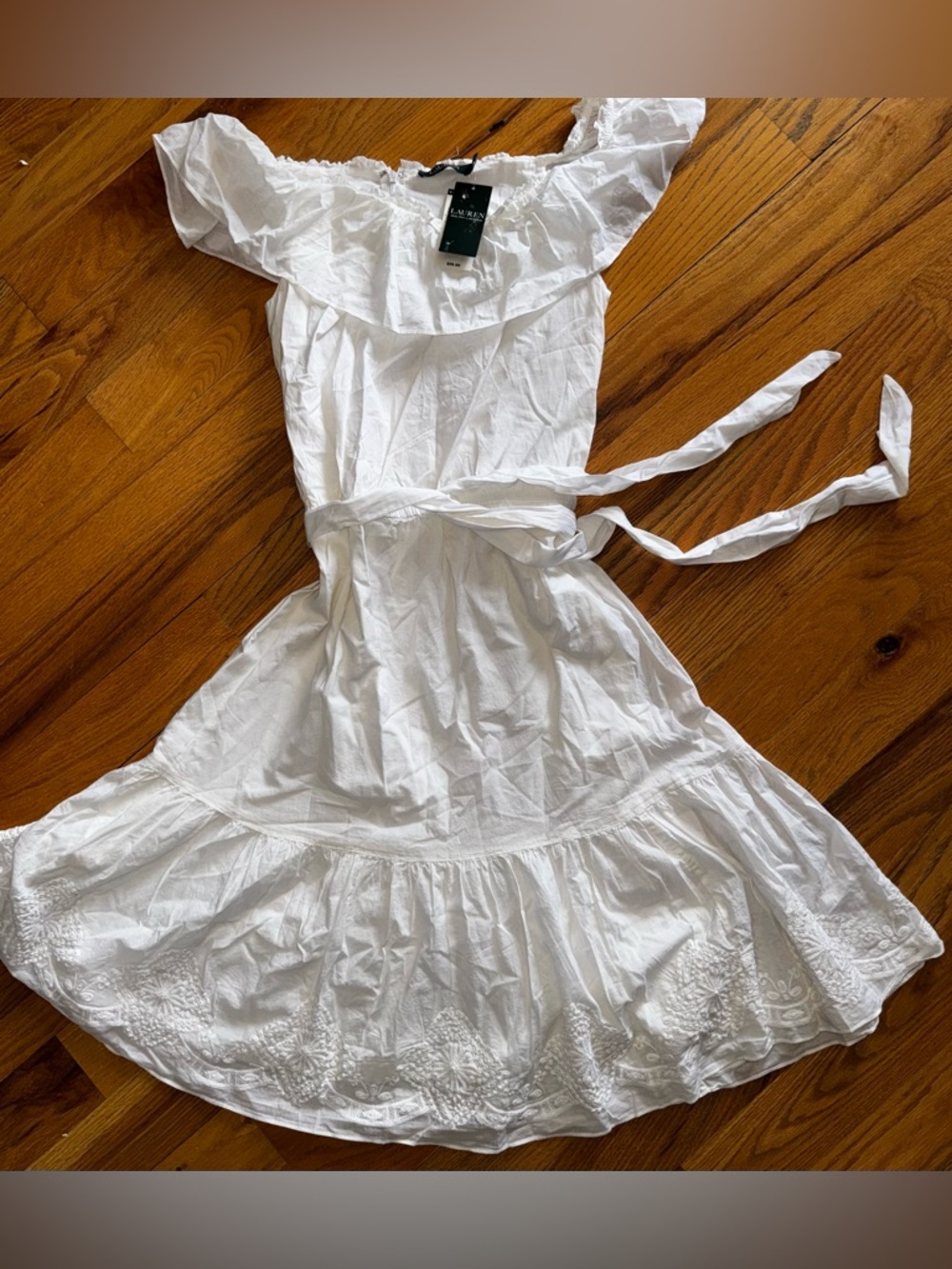 Ralph Lauren White Off-Shoulder Ruffled Sundress with embroidered trim